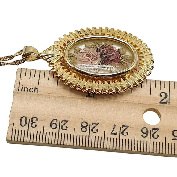 PPC Rose Floral Oval Shape Pendant Chain Necklace Spring Ring Clasp Gold Filled - Picture 6 of 7
